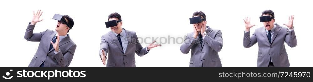 Businessman wearing virtual reality VR glasses isolated on white . Businessman wearing virtual reality VR glasses isolated on white