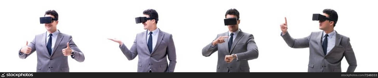 Businessman wearing virtual reality VR glasses isolated on white . Businessman wearing virtual reality VR glasses isolated on white