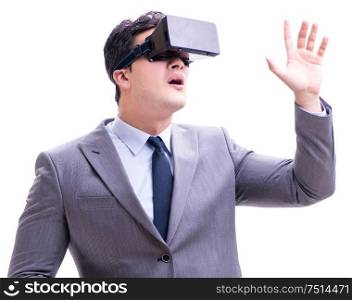 Businessman wearing virtual reality VR glasses isolated on white. The businessman wearing virtual reality vr glasses isolated on w
