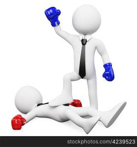 Businessman winning a boxing match and with his foot on his opponent. Rendered at high resolution on a white background with diffuse shadows.