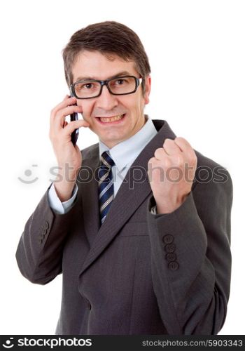 businessman winning on the phone, isolated