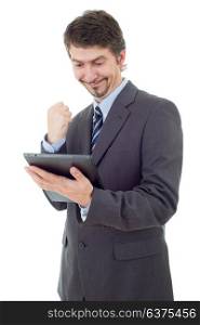 businessman winning, using touch pad of tablet pc, isolated