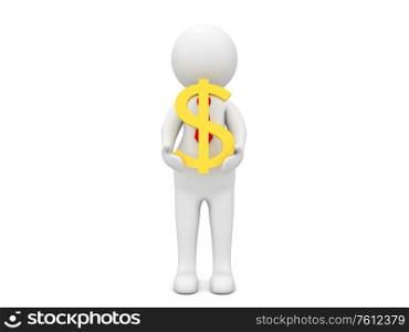 Businessman with a dollar symbol in his hands on a white background. 3d render illustration.. Businessman with a dollar symbol in his hands on a white background.