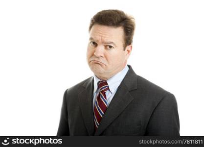 Businessman with a very sad, sarcastic expression of mock sympathy. Isolated on white.