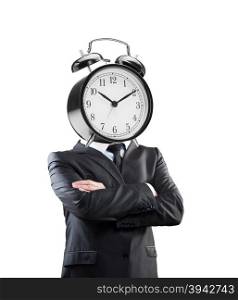 Businessman with alarm clock head on white background. Clipping path