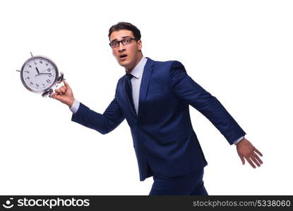 Businessman with alarm clock isolated on white