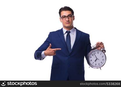 Businessman with alarm clock isolated on white