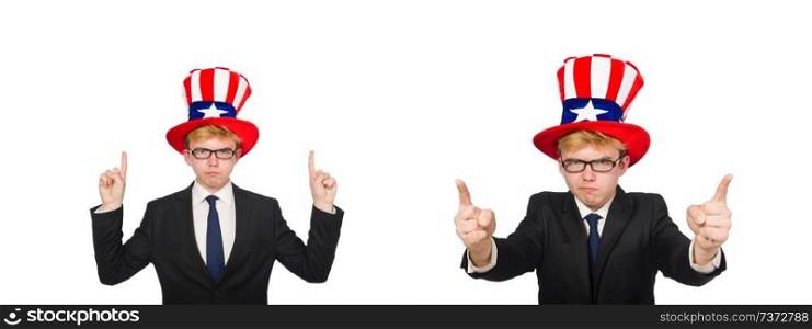 Businessman with american hat isolated on white
