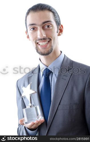 Businessman with award on white