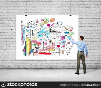 Businessman with banner. Image of businessman standing with back and writing on white banner