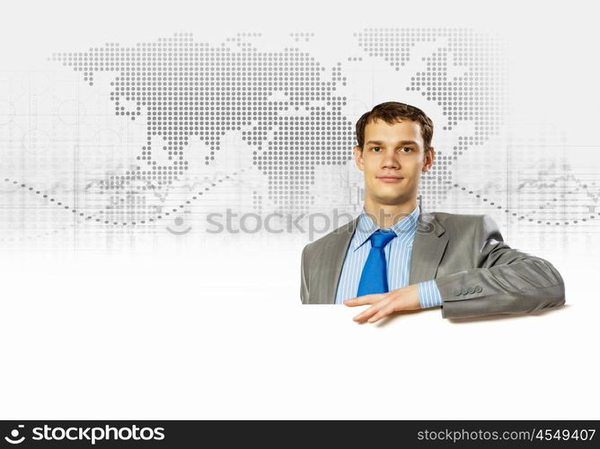 Businessman with blank banner. Businessman with blank banner. Place for text