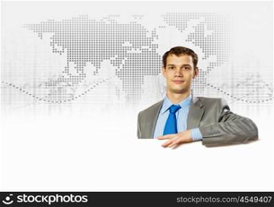 Businessman with blank banner. Businessman with blank banner. Place for text