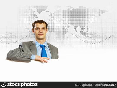 Businessman with blank banner. Businessman with blank banner. Place for text