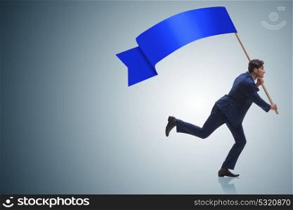Businessman with blank banner running in business concept. The businessman with blank banner running in business concept