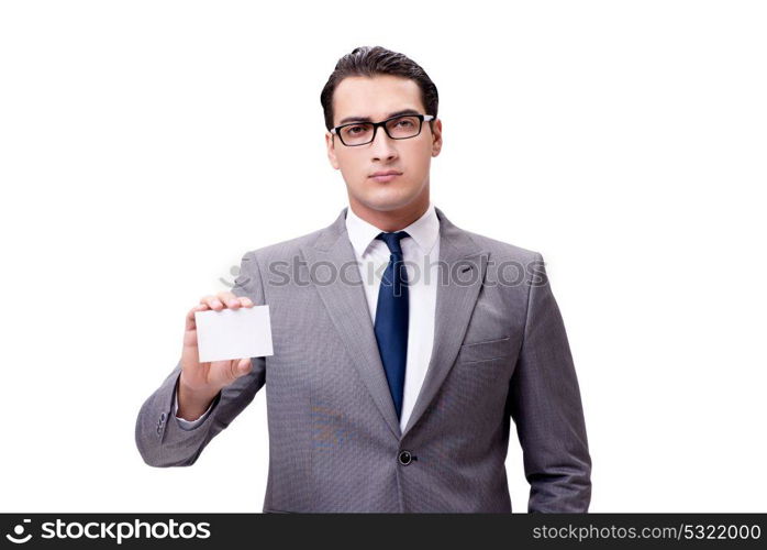 Businessman with blank card isolated on white background