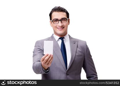 Businessman with blank card isolated on white background