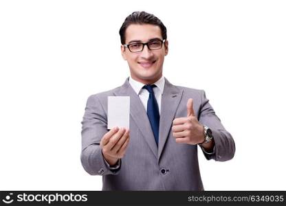Businessman with blank card isolated on white background