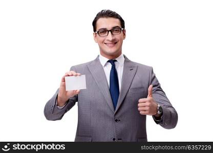 Businessman with blank card isolated on white background