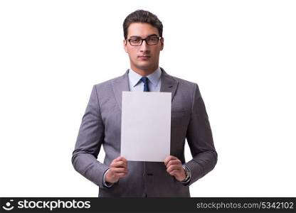 Businessman with blank message board isolated on white