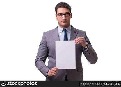 Businessman with blank message board isolated on white