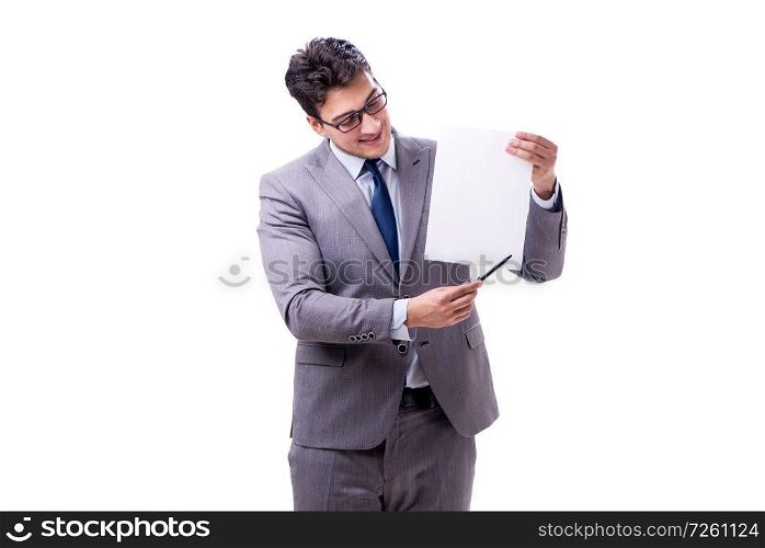 Businessman with blank message isolated on white