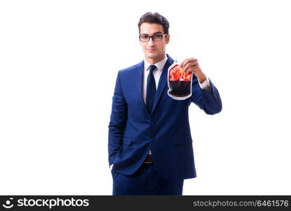 Businessman with blood bag isolated on white