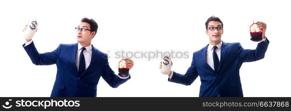 Businessman with blood bag isolated on white