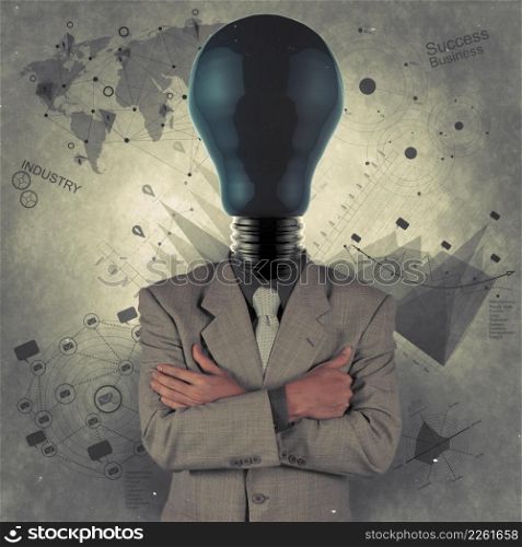 businessman with blue light bulb head as business vintage style