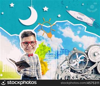 Businessman with book. Young funny businessman with opened book in hands