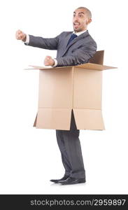 Businessman with box isolated on the white