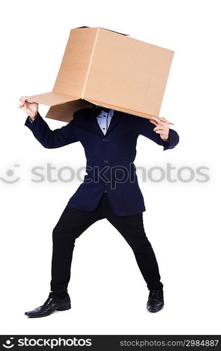 Businessman with box isolated on the white