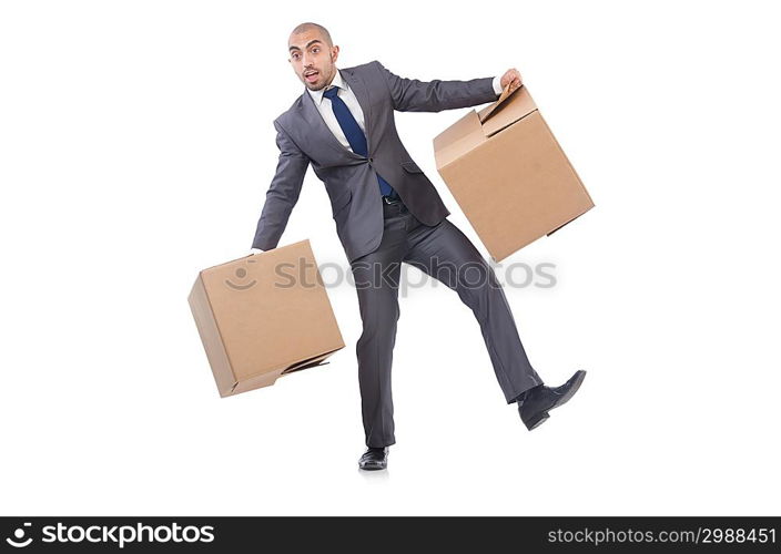 Businessman with box isolated on the white