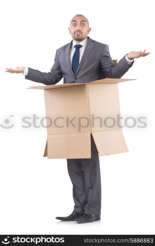 Businessman with box isolated on the white