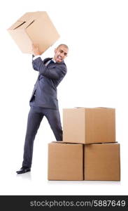 Businessman with box isolated on the white