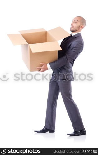 Businessman with box isolated on the white