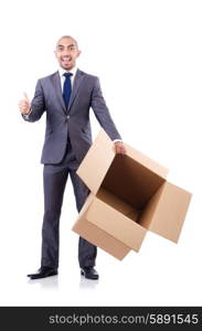 Businessman with box isolated on the white