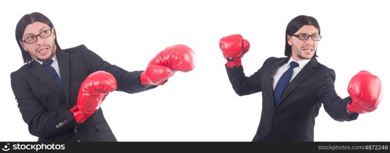 Businessman with boxing gloves on white