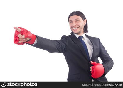 Businessman with boxing gloves on white