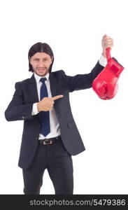 Businessman with boxing gloves on white