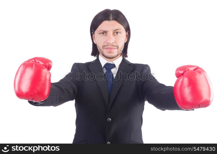 Businessman with boxing gloves on white