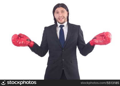 Businessman with boxing gloves on white