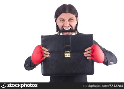 Businessman with boxing gloves on white