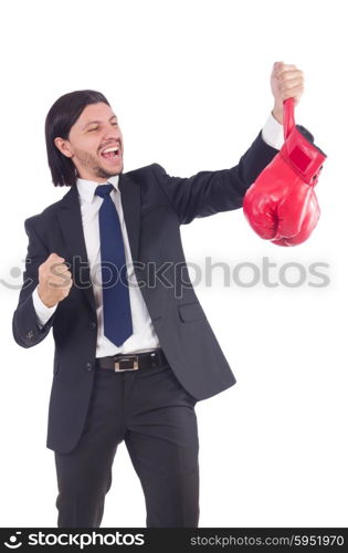 Businessman with boxing gloves on white