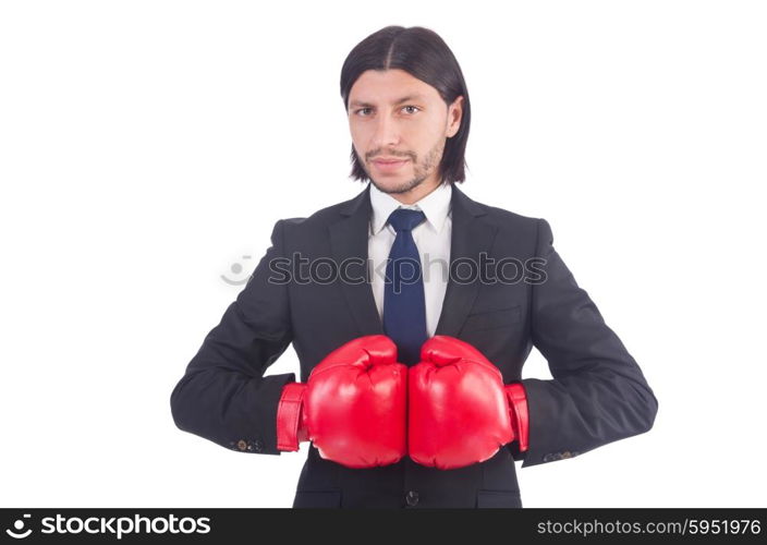 Businessman with boxing gloves on white