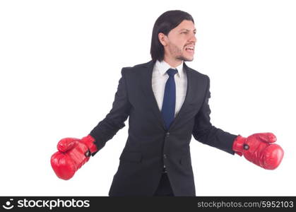 Businessman with boxing gloves on white