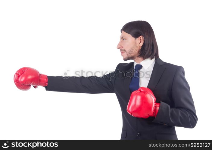 Businessman with boxing gloves on white