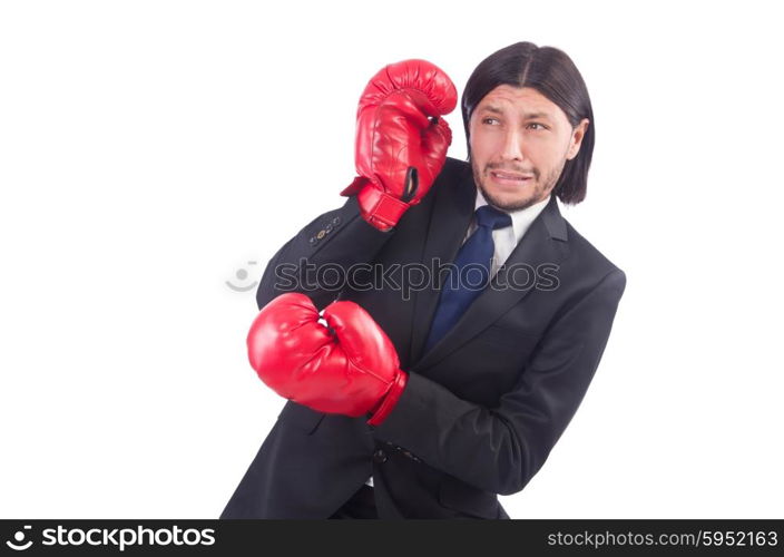 Businessman with boxing gloves on white