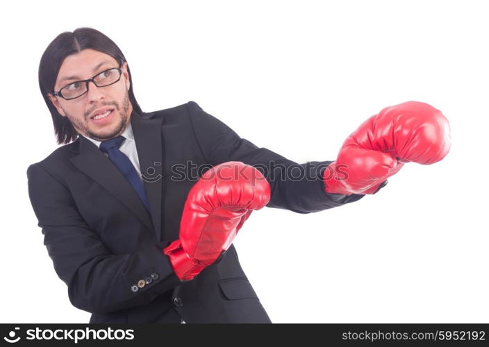 Businessman with boxing gloves on white