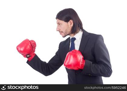 Businessman with boxing gloves on white