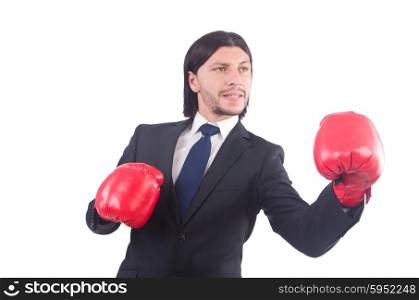 Businessman with boxing gloves on white